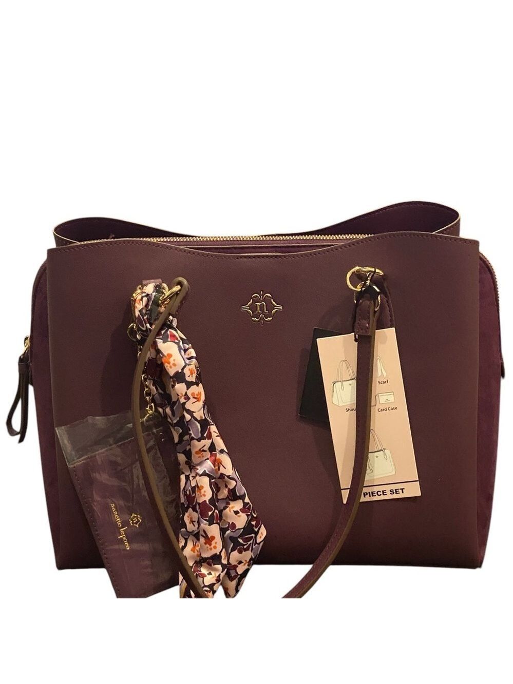 Nanette Lepore Luxe 3-Piece Satchel Set: Deep Plum & Gold  NWT - Picture 5 of 15